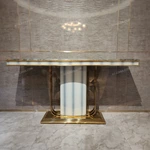 Green Marble Console Table with Curved Stainless Steel Frame and Patterned Leather Pillar